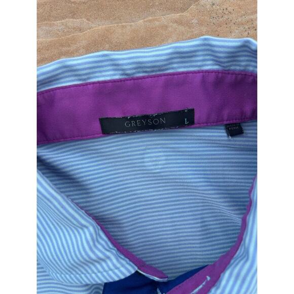 GREYSON Men's Blue Stripe Short Sleeve Performance Golf Polo Shirt Size L - Picture 2 of 3